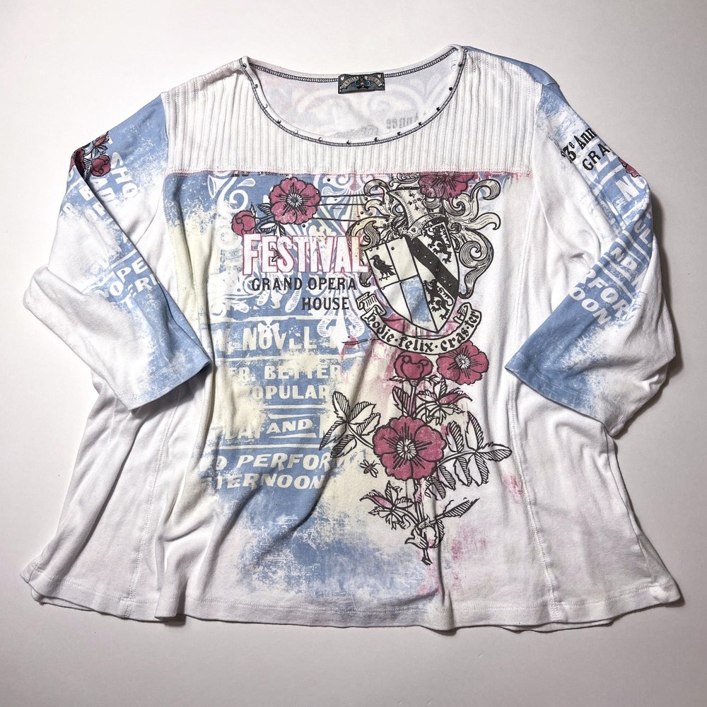 2K Vanilla Star Cotton White Graphic 3/4 Sleeve Rhinestone Top